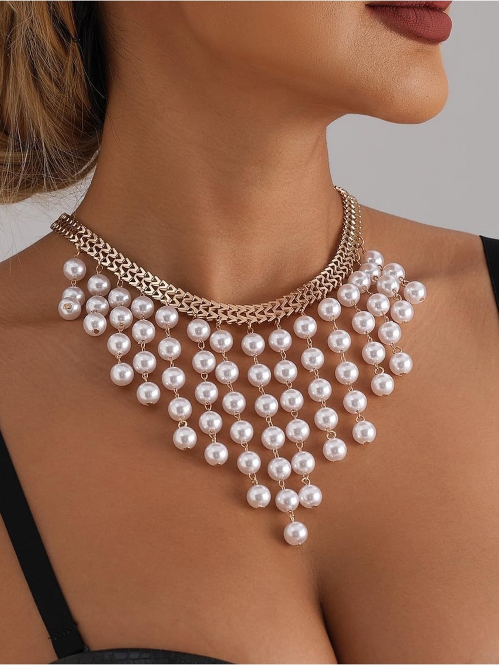 Pearl Fringe Statement Choker Necklace | Glam Luxury Jewelry